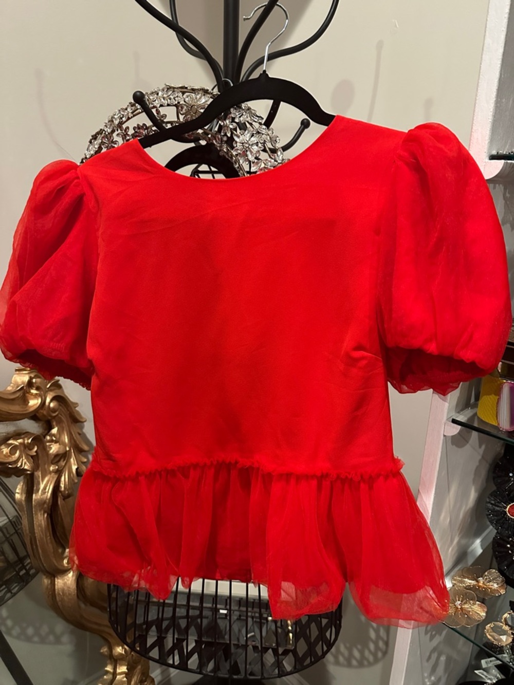TCEC Red Puff-Sleeve Peplum Top
